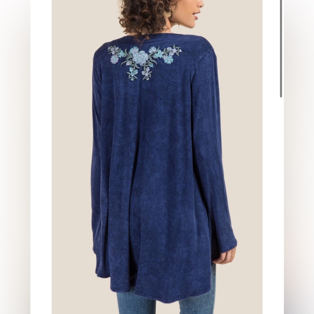Francesca’s Navy Floral Embroidered Wrap Cardigan